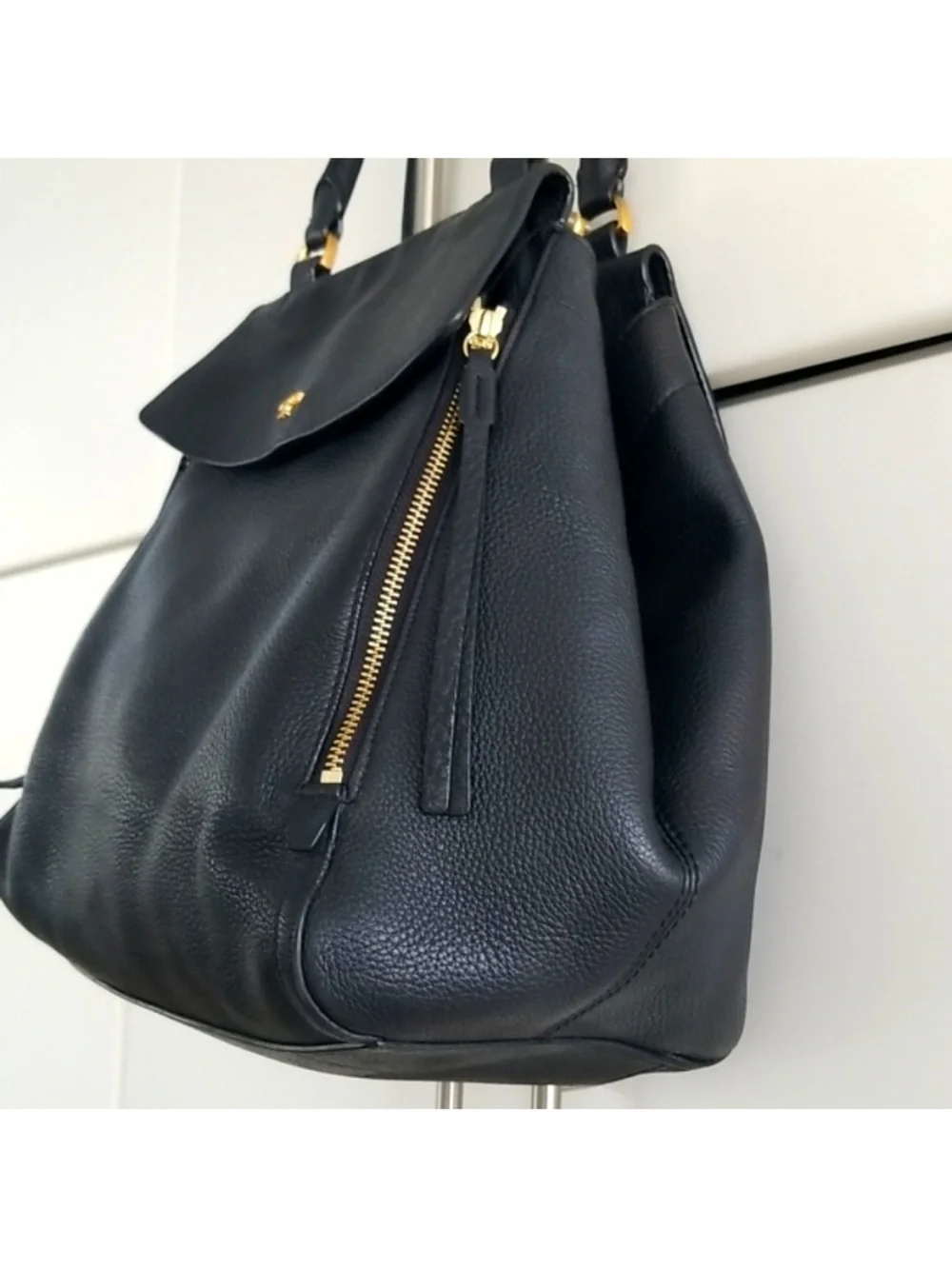 Tory Burch Black half moon Leather satchel tote Bag with Gold Hardware Brand New